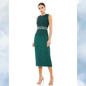 Mac Duggal Sleeveless High Neck Beaded Midi Sheath Dress - Deep Emerald